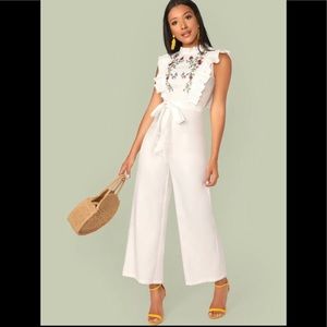 Mock Neck Ruffle Trim Embroidery Belted Palazzo